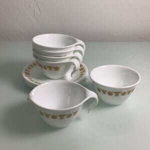 Corelle Butterfly Gold Creamer and Sugar with 4 coffee cups & saucer EUC